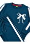 Girl's Cotton Petrol Green Striped Edges Wide Leg Ribbon Patterned Long Sleeve Tracksuit Set - 4