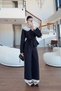 Women's Black Lace Detailed Doll Collar Jacket and Pants Belted Suit - 2