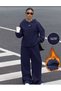 Women's Navy Blue Hooded Oversize California Design Printed Sweatshirt-Navy Blue Baggy Fit Sweatpants Set