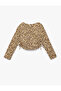 Leopard Patterned Gathered Slim Fit Crew Neck Long Sleeve Crop Blouse - 5