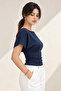 2230 Women's Boat Neck Bat Sleeve Draped Blouse Navy Blue - 3