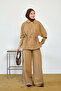 Women's Shirt Collar Waist Drawstring Trouser Suit Camel