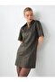 Khaki Relaxed Fit V-Neck Short Sleeve Suede Mini Dress - 4