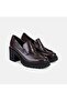 Women's Bitter Brown Leather Loafer with Threaded Sole and Thick Heel