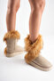 Women's Beige Suede Fur Detailed 5cm Thick Sole Winter Casual Boots - 4