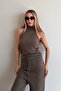 Milky Brown Turtleneck Buttoned 3-Piece Knitwear Set - 1430 - 3