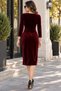 Davet Elegance Women's Crew Neck Long Sleeve Side Stone Detailed Gathered Velvet Dress - 4