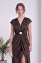 Women's Accessory Slit V-Neck Satin Dress Brown - 2