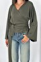 Women's Double Breasted V-Neck Belted Waist Tie Bat Sleeve Loose Long Sleeve Blouse - 5
