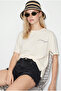 Women's Ecru 100% Cotton Minimal Print Detailed Oversize T-Shirt 60382632
