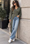 Women's Double Breasted V-Neck Belted Waist Tie Bat Sleeve Loose Long Sleeve Blouse - 3