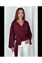 Women's Double Breasted V-Neck Belted Waist Tie Bat Sleeve Loose Long Sleeve Blouse - 8