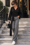 Women's Double Breasted V-Neck Belted Waist Tie Bat Sleeve Loose Long Sleeve Blouse - 3