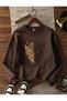 Women's Oversize Leopard Printed Brown 2-Thread Crew Neck Sweatshirt - 2