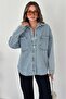 Women's Light Blue Snap Fastener Double Pocket Low Shoulder Oversize Long Sleeve Denim Shirt - 6