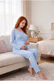 Blue Waist-Tied Long Sleeve 3-Piece Maternity Pajama Set with Robe Viscose - 4