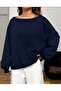 Women's Navy Blue Asymmetrical Collar Ribbed Sweatshirt - 3