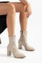Women's Beige Leather Boots Pointed Toe Zippered Stretch Fabric (7cm) Thick Heeled Boots - 3