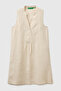 Women's Stone 100% Linen Front Buttoned A-Line Short Dress with Side Pockets