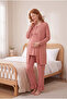 Dusty Rose Ruffle Detailed Long Sleeve 3-Piece Maternity Pajama Set with Robe Viscose - 2