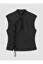 Vizyon New Season Black Satin Blouse with Decorative Buttons and Judge Collar - 5