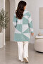 Women's Mint Green Ecru Geometric Patterned Knitwear Cardigan Long Sleeve Open Front Relaxed Fit - 3
