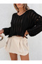 Women's Black 100% Cotton V-Neck Openwork Perforated Oversize Crop Knit Sweater