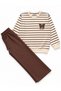Girl's Cotton Brown Striped Embroidery Patterned Long Sleeve Wide Leg Sweatpants Set - 2