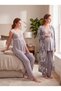 New Season Gray Patterned Buttoned Design with Breastfeeding Feature, Lace Detailed Wide Straps, 100% Cotton Maternity Pajama Set - 5