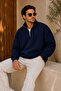 Premium Unisex Navy Blue Color Unprinted Stand Collar Sweatshirt with Half Zipper Detail - 4