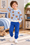 Boy's Teddy Bear Patterned Striped Sweatshirt Tracksuit Set Blue - 3