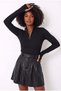 Women's Black Half-Patent Zippered Half Fisherman Finger Detail Ribbed Camisole Blouse