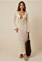 Cream Color Ring Detailed Beach Dress Long Sleeve Openwork Knitwear Maxi Pareo - 3