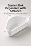 Corner Sink Organizer with Strainer, Triangular Sponge and Wire Basket with Suction Cup, White