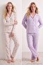 Beyaz-Lila 4'lü Baskılı Yumuşak Tuşe Kışlık Waffle Örme Pijama Takımı THMAW27PT00232