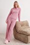 Pink Striped Polo Collar Ribbed Knitted Pajama Set Thmaw27Pt00121 - 2