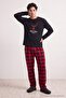 Black Regular Fit Plaid / Deer Printed Knitted Pajama Set Tmnaw27Pt00036 - 2
