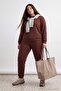 Brown Thick Inside Fleece Basic Knitted Large Size Tracksuit Set Tbbaw24Ts00000