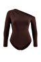 Kahverengi Asimetrik Yaka Uzun Kollu Esnek Çıtçıtlı Örme Body TBBAW27CS00015 - 6