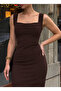 Women's Brown Square Neck Sleeveless Long Elegant Party Evening Dress - 3