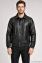 Men's Black Zippered Casual Leather Jacket with Snap Fasteners and Elastic Waist