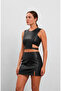 Dekolteli Deri Crop Bluz - 2