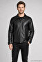 Men's Black Fur Collared Comfortable Fit Leather Jacket - 4