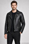 Men's Black Slim Fit Leather Jacket with Cross-Zipper and Fur Lining - 3