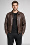 Men's Brown Zippered Casual Leather Jacket with Snap Fasteners and Elastic Waist - 2