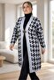 Geometric Patterned Broch Detailed Long Sleeve Shal Collar Large Size Knitting Cardigan