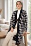 Geometric Patterned Broch Detailed Long Sleeve Shal Collar Large Size Knitting Cardigan - 8