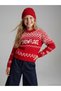 Alita City Lcw Kids Red Oval Collar Patterned Girls' Knitwear Sweater