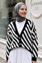 Short Black Knitwear Cardigan with Feather Stripes - 2