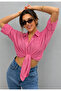 Women's Pink Cotton Oversize Short Sleeve Shirt Wide Fit Loose Blouse - 5